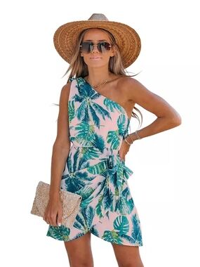 Women's Cupshe Tropical Leaf Print One-Shoulder Mini Dress. XS Floral Pink Teal
